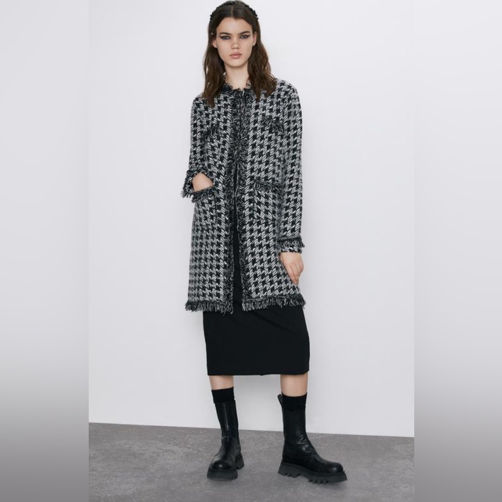 Zara mid-length houndstooth jacket with fringe trim SIZE S